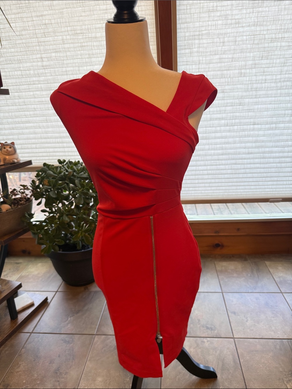 Red Asymmetric Sheath Dress with Front Zip